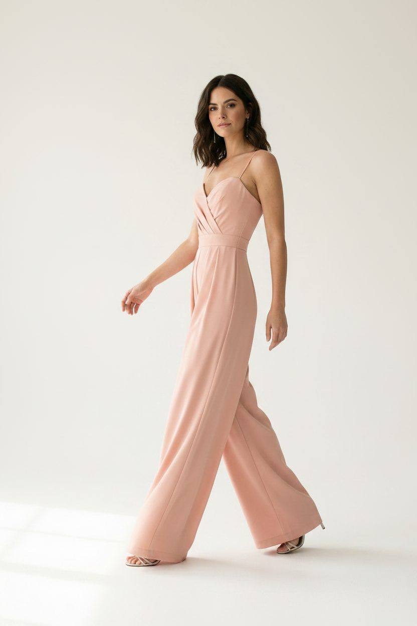 A woman modeling a dusty pink wide-leg jumpsuit with thin spaghetti straps and a sweetheart neckline, standing against a clean white studio background.