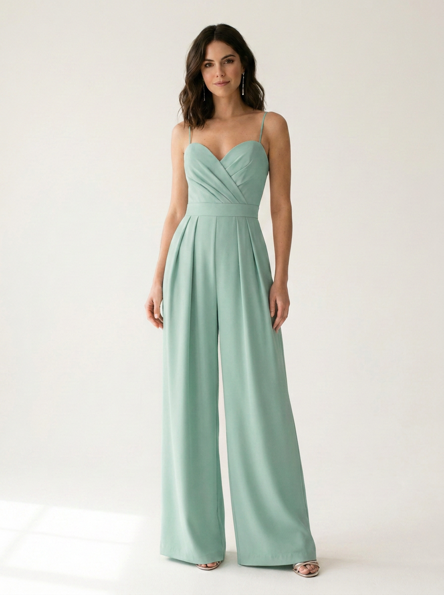 A woman modeling a sage green wide-leg jumpsuit with spaghetti straps and a sweetheart neckline, standing against a plain white studio background.