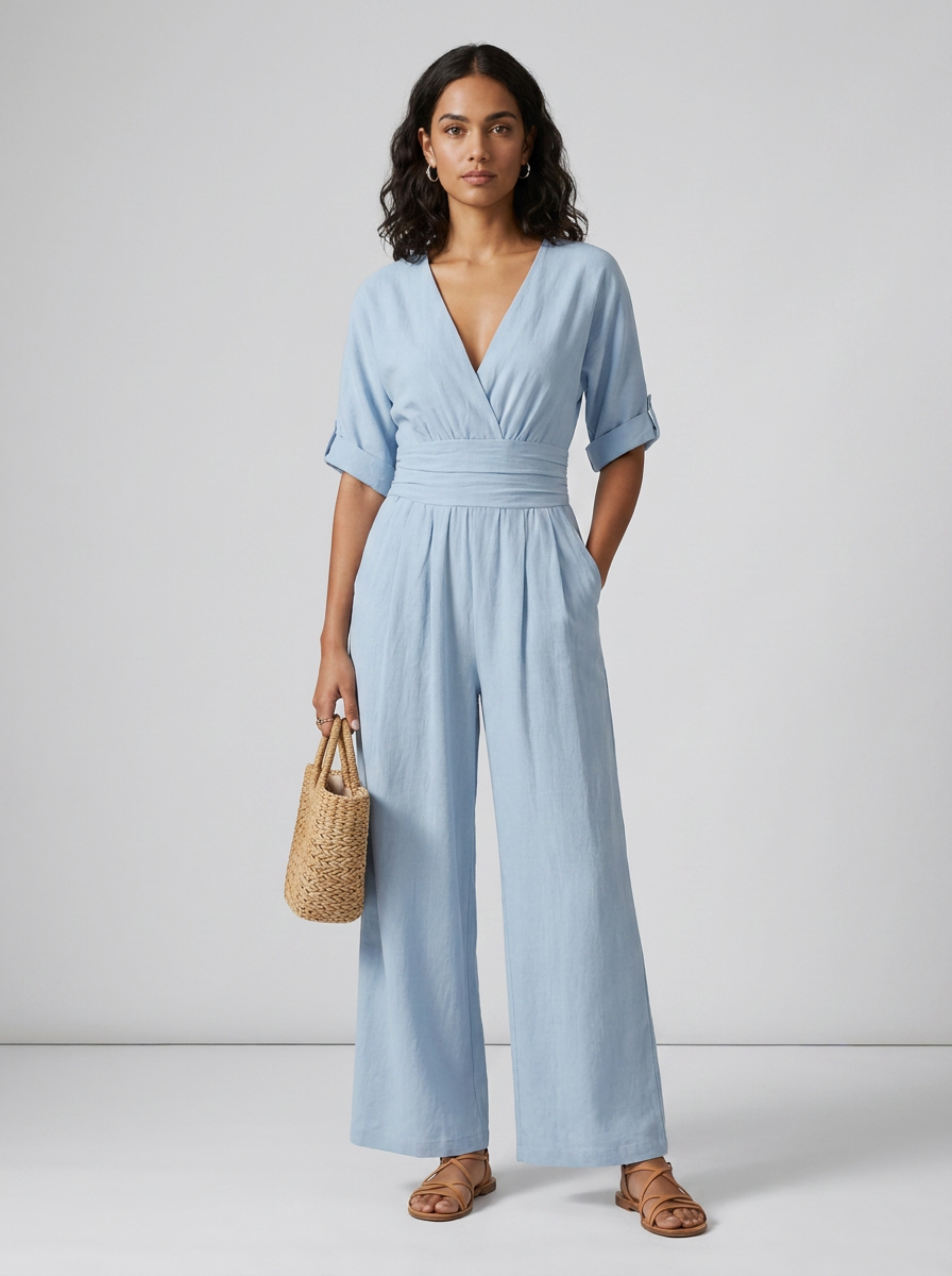 A woman stands against a light gray studio background wearing a light blue wide-leg jumpsuit with short sleeves, a wrap-style V-neck, and side pockets. She is holding a small woven tan bag and wearing tan sandals.