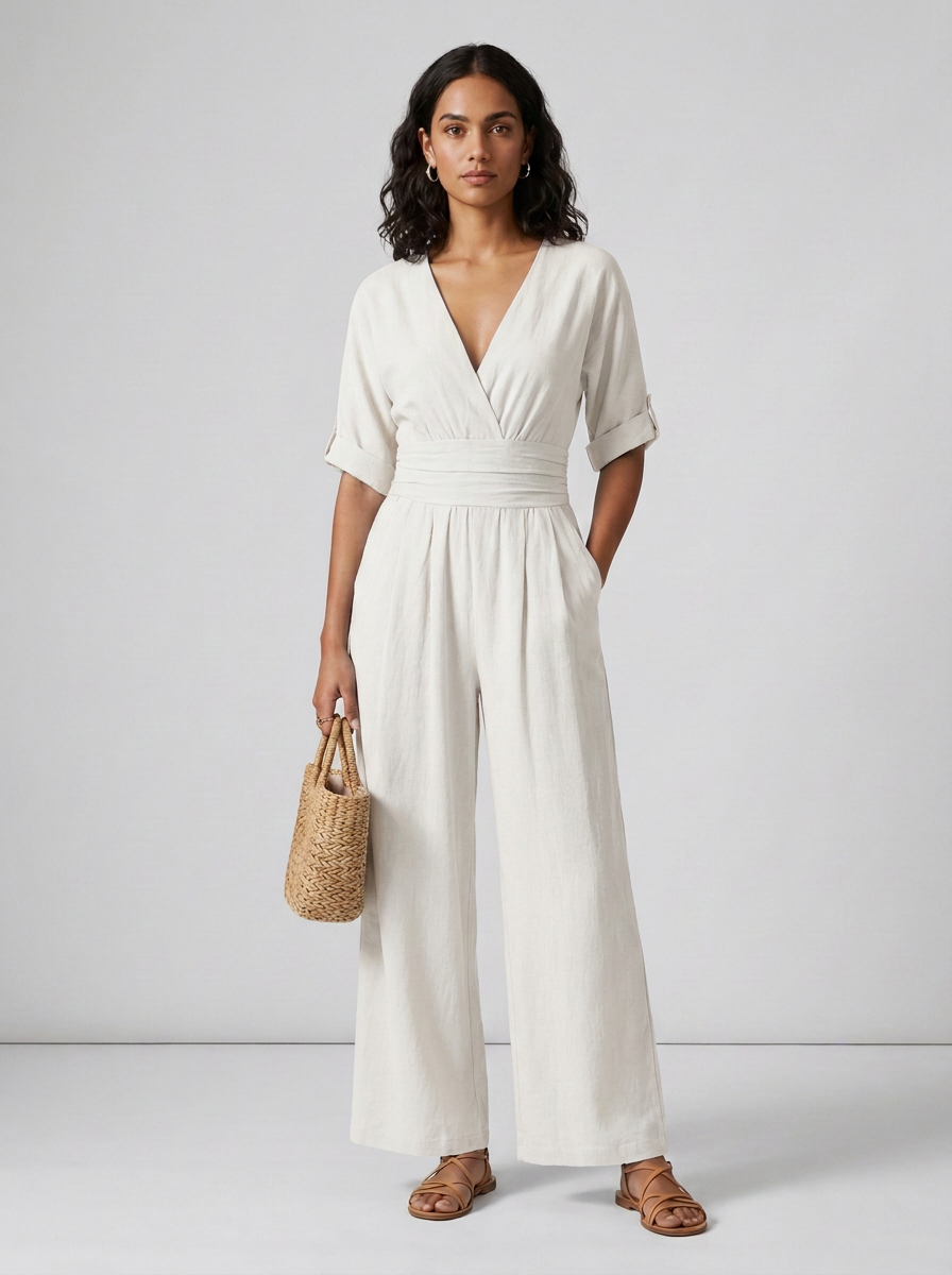 Wide Leg Draped Jumpsuit with V-Neck and Cinched Waist in White, studio shot