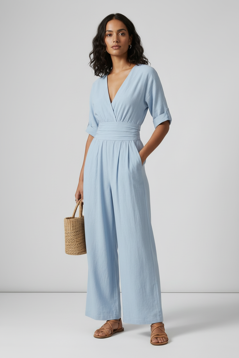 A woman stands against a light gray studio background wearing a light blue wide-leg jumpsuit with short sleeves, a wrap-style V-neck, and side pockets. She is holding a small woven tan bag and wearing tan sandals.