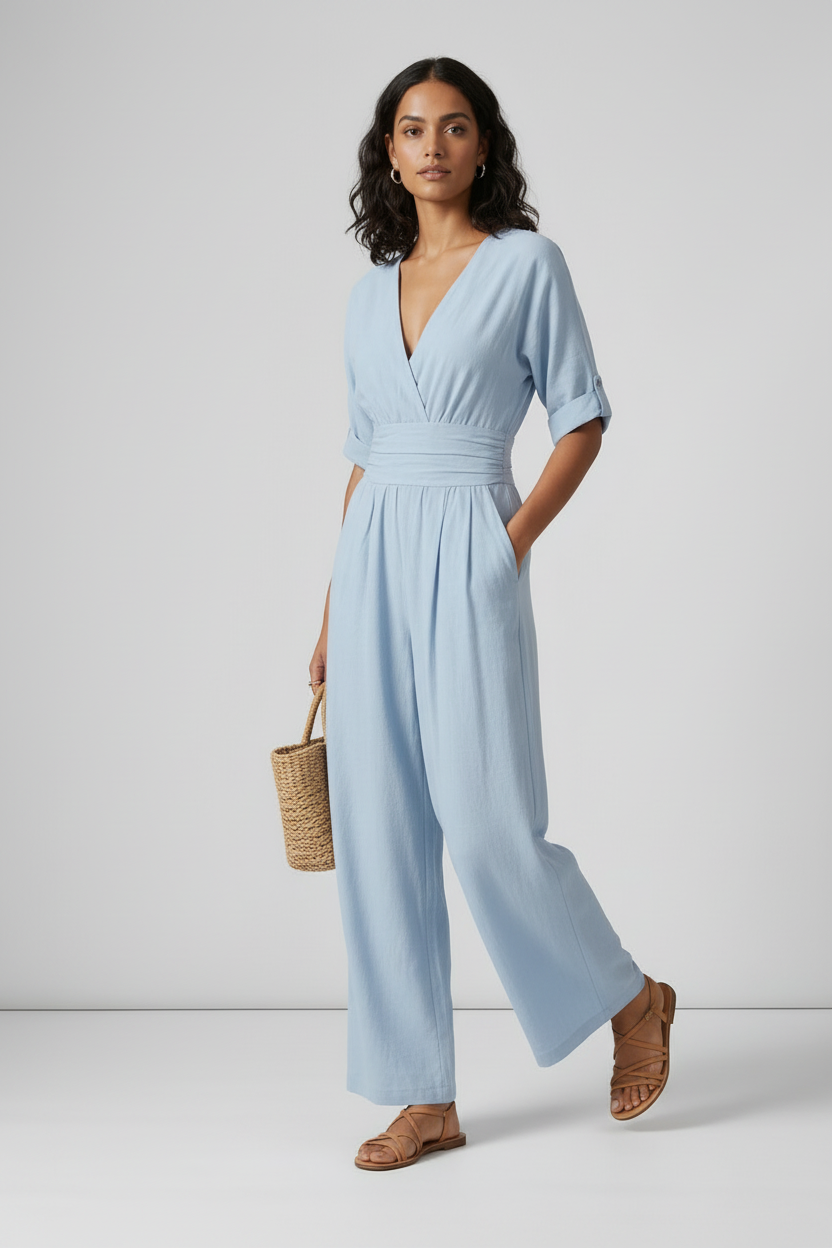 A woman stands against a light gray studio background wearing a light blue wide-leg jumpsuit with short sleeves, a wrap-style V-neck, and side pockets. She is holding a small woven tan bag and wearing tan sandals.