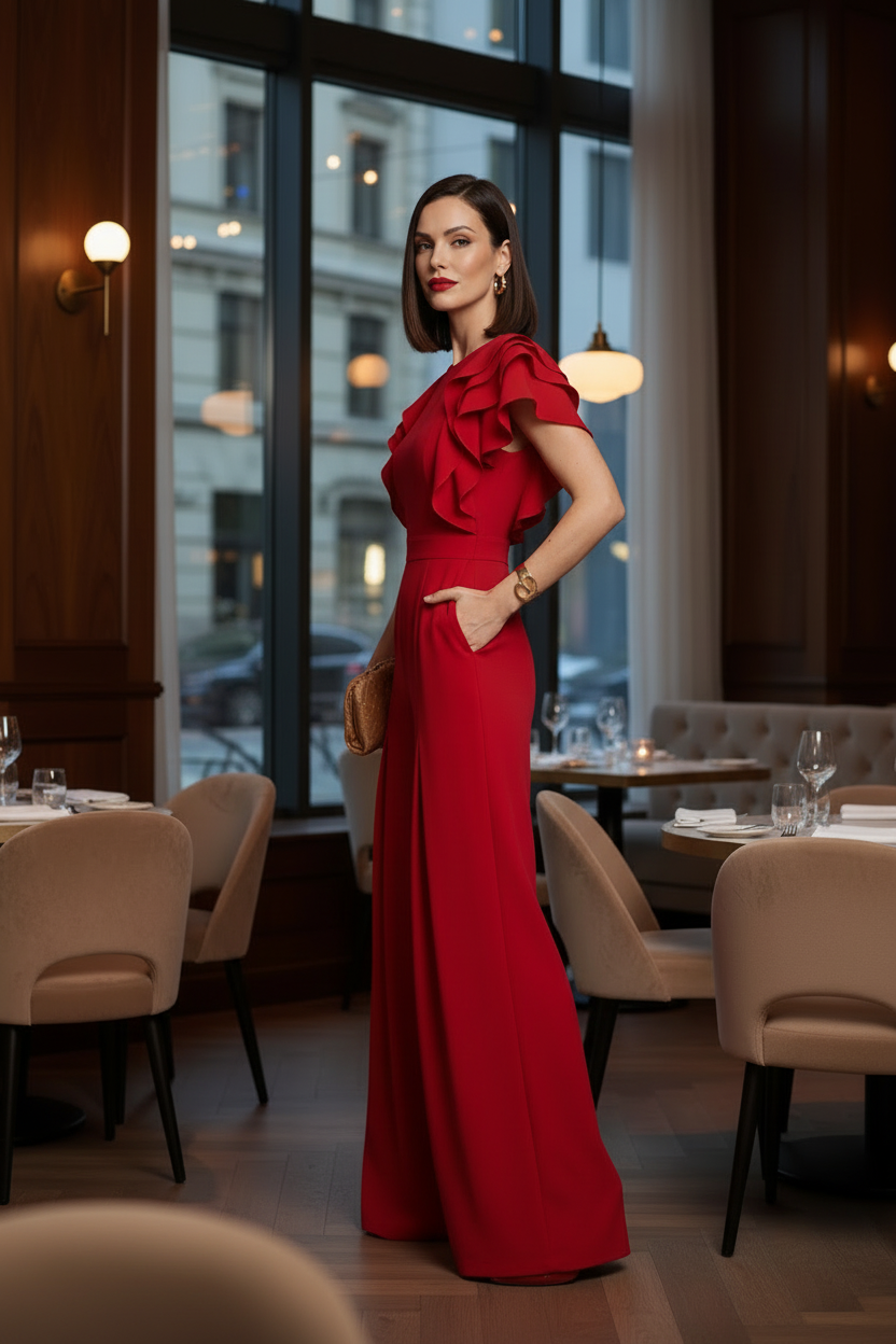 A woman stands in a restaurant wearing a bright red wide-leg jumpsuit with ruffled short sleeves and holding a small gold clutch.