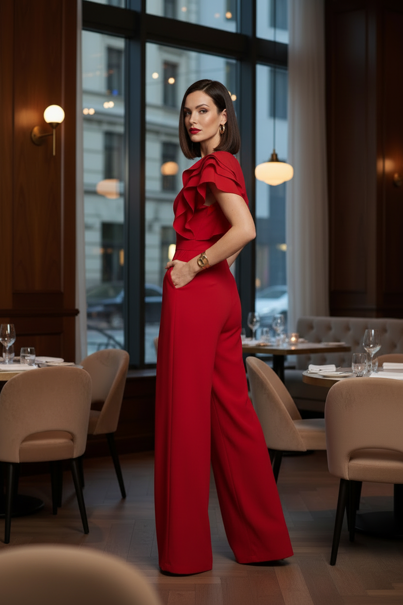 A woman stands in a restaurant wearing a bright red wide-leg jumpsuit with ruffled short sleeves and holding a small gold clutch.