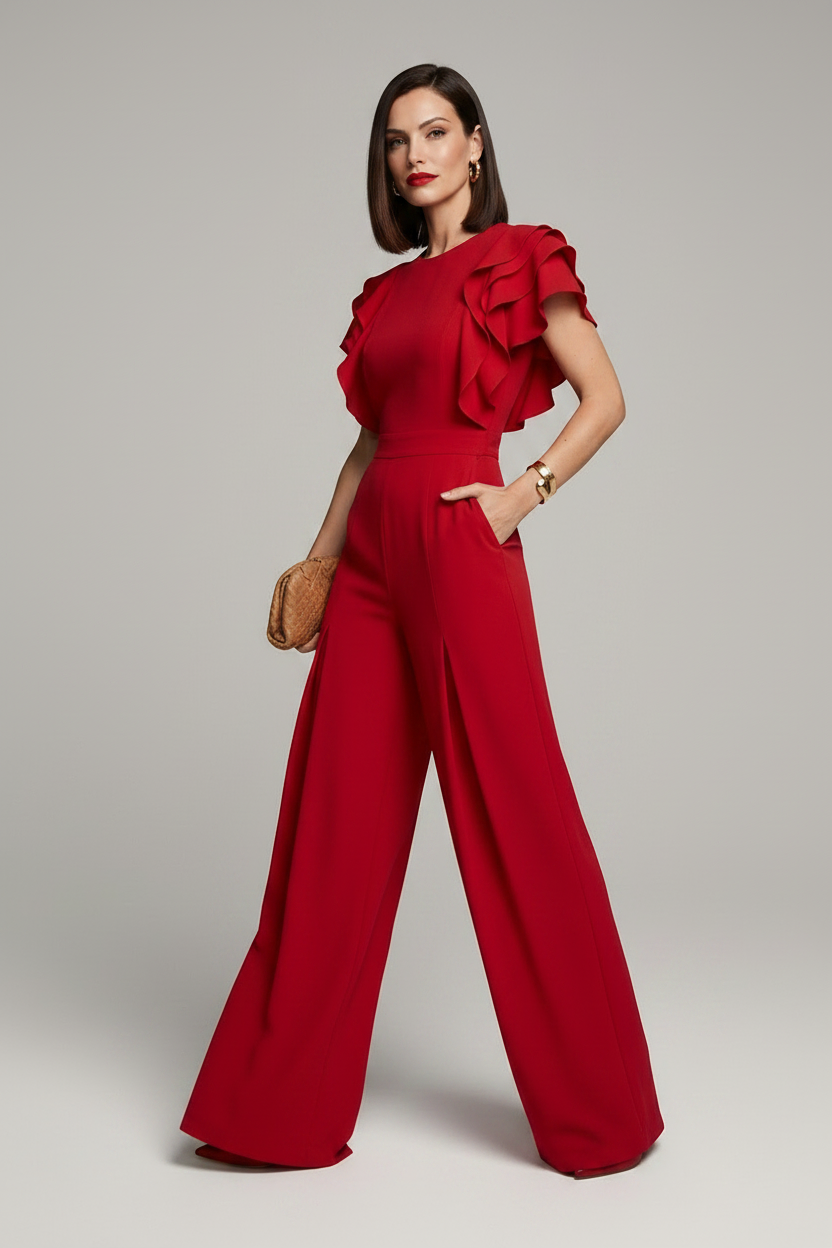 A woman modeling a bright red wide-leg jumpsuit with ruffled short sleeves, standing against a neutral light gray studio background.