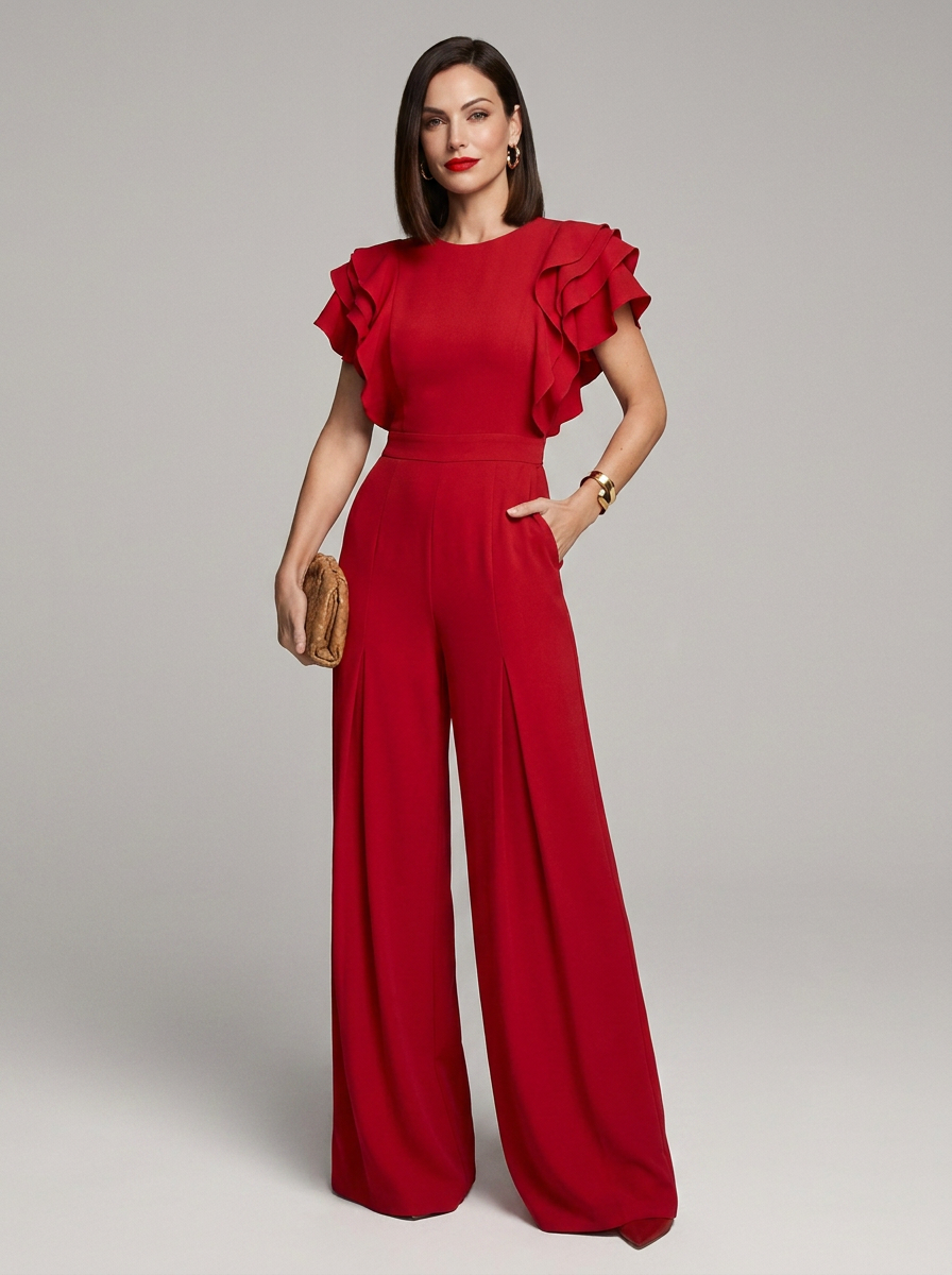 A woman modeling a bright red wide-leg jumpsuit with ruffled short sleeves, standing against a neutral light gray studio background.