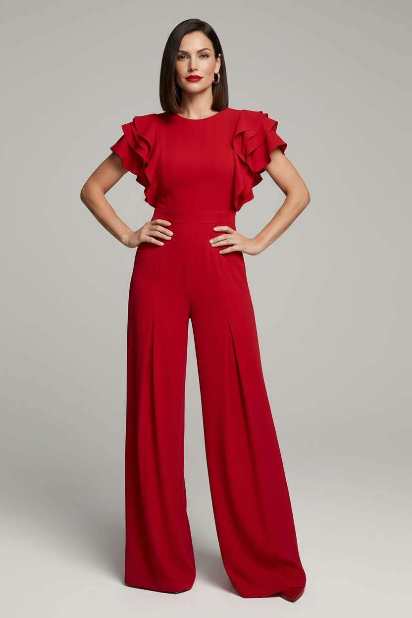 A woman modeling a bright red wide-leg jumpsuit with ruffled short sleeves, standing against a neutral light gray studio background.