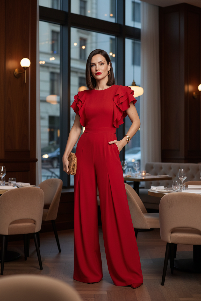 A woman modeling a bright red wide-leg jumpsuit with ruffled short sleeves, standing against a neutral light gray studio background.