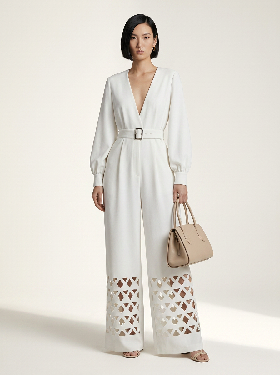A model stands against a warm off-white studio background wearing a white long-sleeve wide-leg jumpsuit with a V-neck, matching belt, and geometric cutout detailing on the lower legs. She is holding a beige handbag.