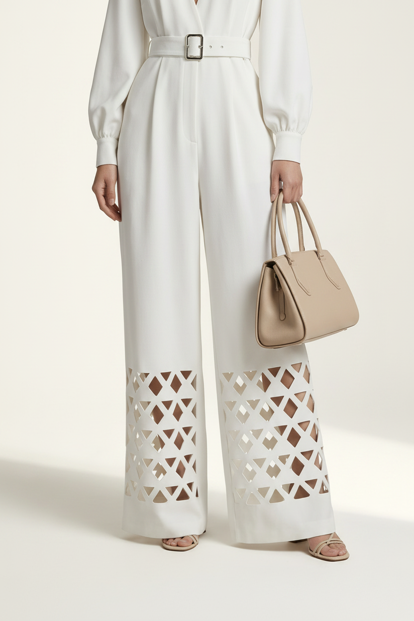 A model stands against a warm off-white studio background wearing a white long-sleeve wide-leg jumpsuit with a V-neck, matching belt, and geometric cutout detailing on the lower legs. She is holding a beige handbag.