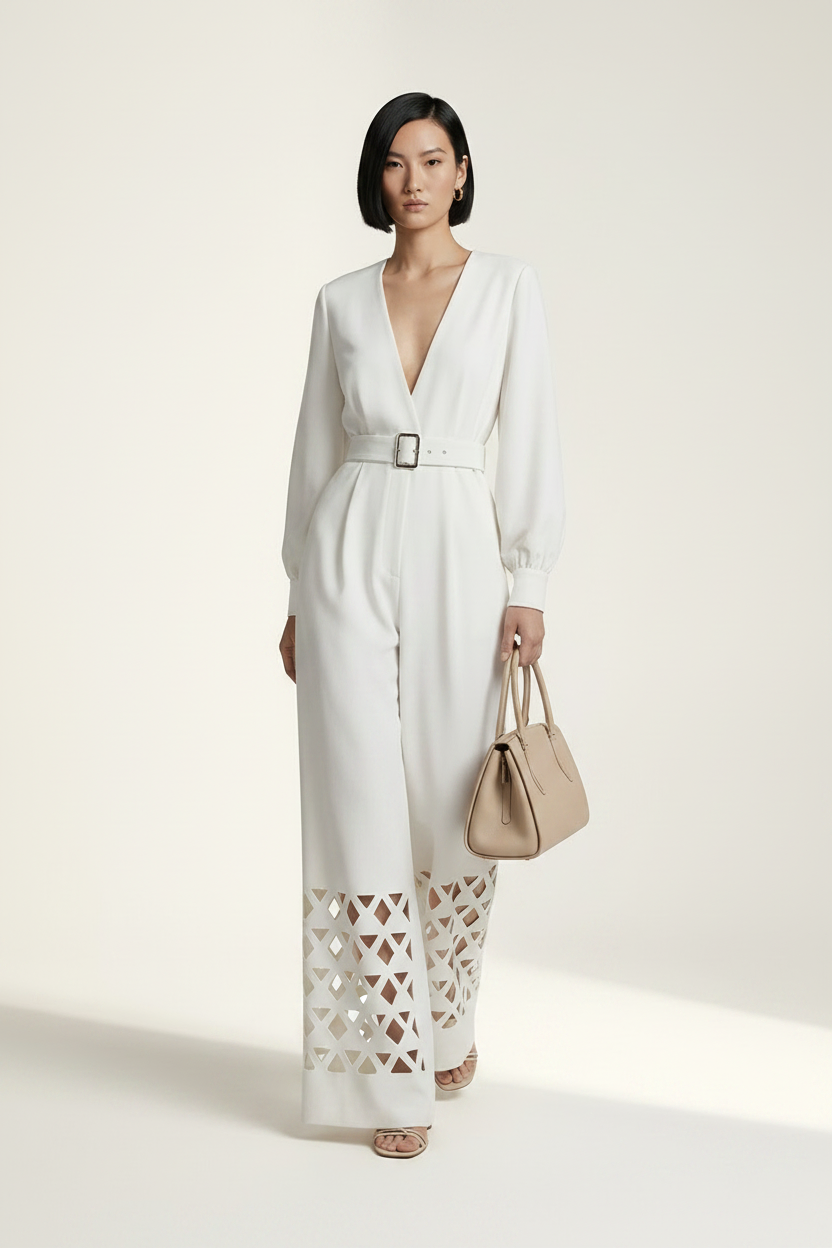 A model stands against a warm off-white studio background wearing a white long-sleeve wide-leg jumpsuit with a V-neck, matching belt, and geometric cutout detailing on the lower legs. She is holding a beige handbag.