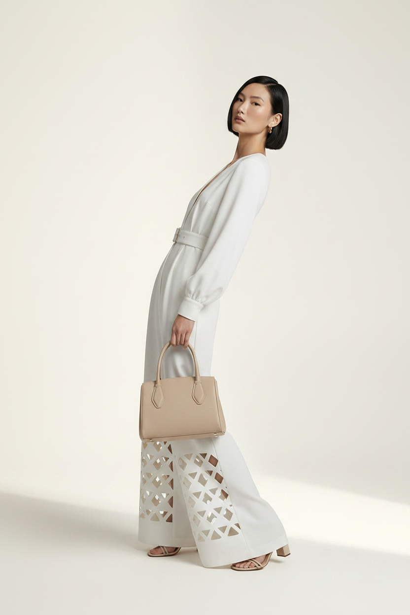 A model stands against a warm off-white studio background wearing a white long-sleeve wide-leg jumpsuit with a V-neck, matching belt, and geometric cutout detailing on the lower legs. She is holding a beige handbag.