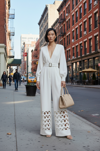 A model stands against a warm off-white studio background wearing a white long-sleeve wide-leg jumpsuit with a V-neck, matching belt, and geometric cutout detailing on the lower legs. She is holding a beige handbag.