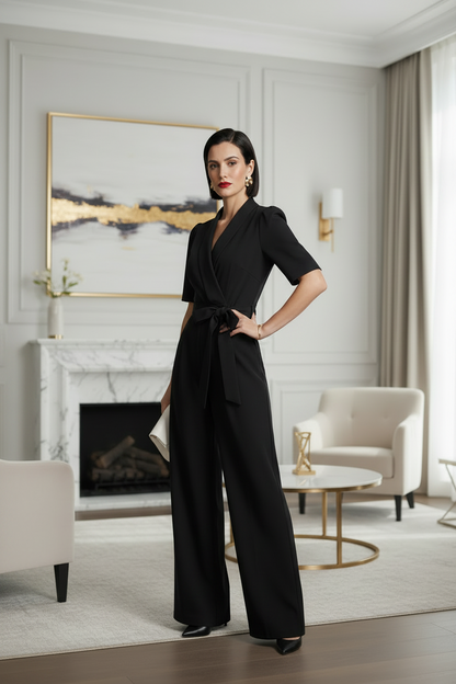 A woman stands in a modern living room wearing a black short-sleeve wrap-style jumpsuit with a tied waist and wide legs. She holds a small white handbag and wears black pointed shoes.
