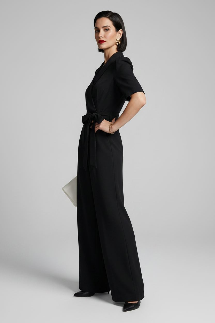 A woman modeling a black short-sleeve wrap-style jumpsuit with a tied waist and wide legs, standing against a light gray studio background and holding a small white clutch.