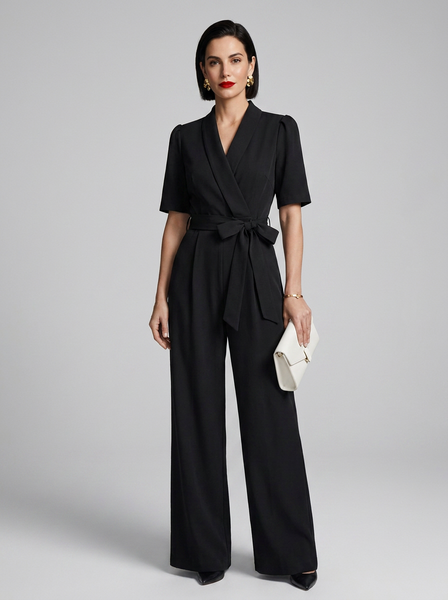 A woman modeling a black short-sleeve wrap-style jumpsuit with a tied waist and wide legs, standing against a light gray studio background and holding a small white clutch.