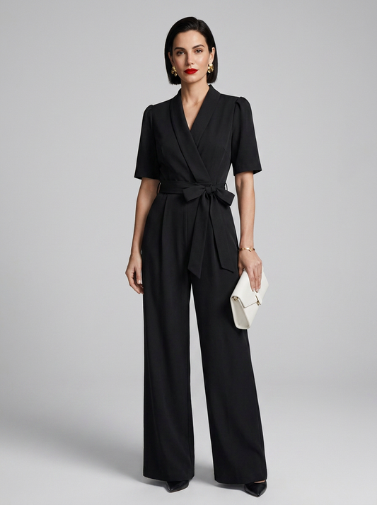 A woman modeling a black short-sleeve wrap-style jumpsuit with a tied waist and wide legs, standing against a light gray studio background and holding a small white clutch.