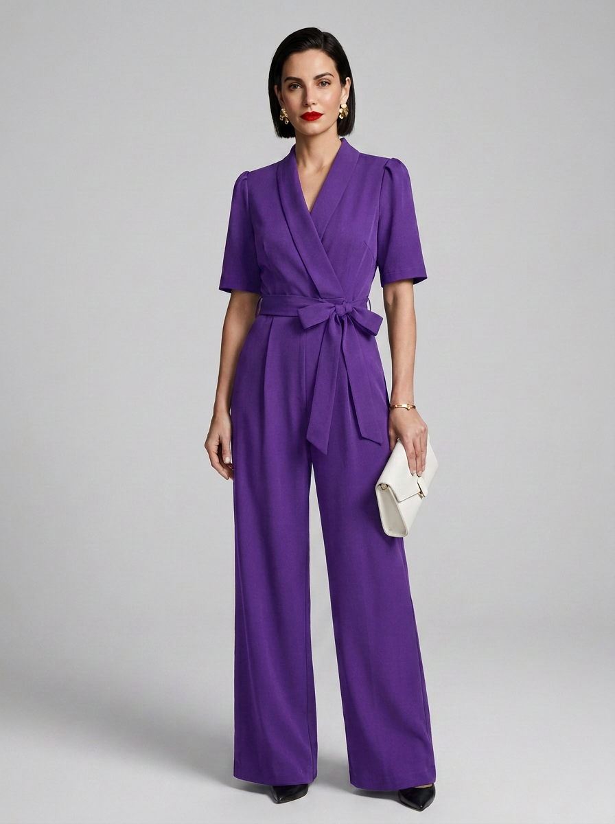 A woman modeling a vibrant purple short-sleeve wrap-style jumpsuit with a tie waist and wide legs, holding a small white clutch against a neutral gray studio background.