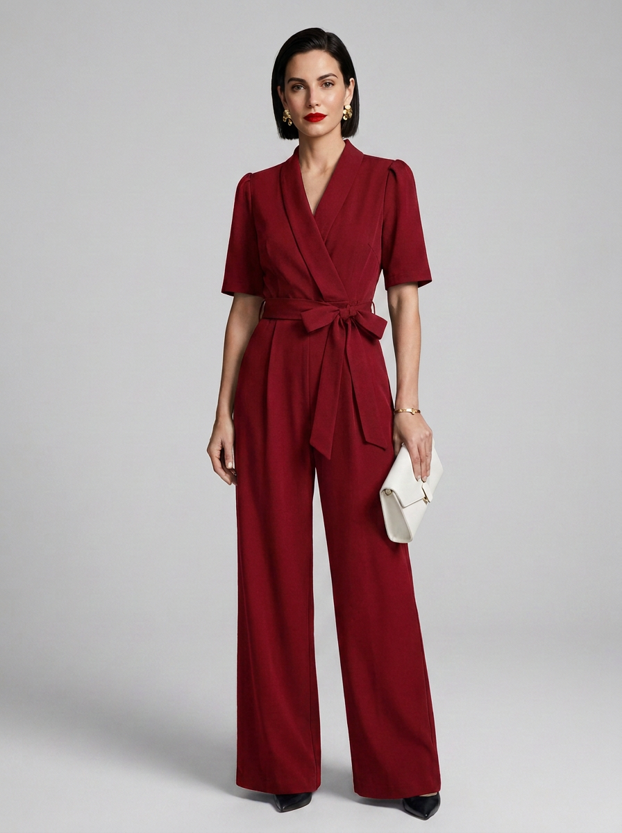 A woman modeling a deep red wrap-style short-sleeve jumpsuit with a tied waist belt and wide legs, standing against a light gray studio background and holding a small white clutch.