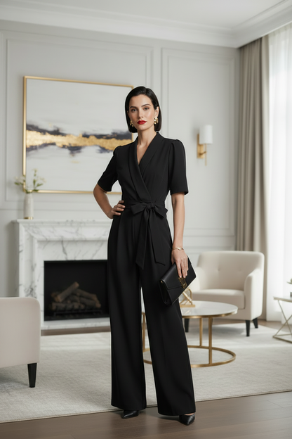 A woman stands in a modern living room wearing a black short-sleeve wrap-style jumpsuit with a tied waist and wide legs. She holds a small white handbag and wears black pointed shoes.