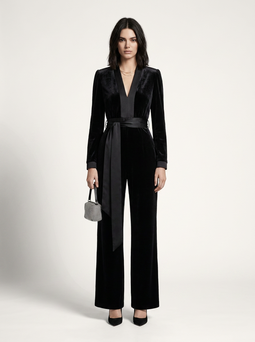 A model stands against a light gray studio background wearing a black velvet long-sleeve jumpsuit with a matching waist tie and wide legs, paired with black heels and a small gray handbag.