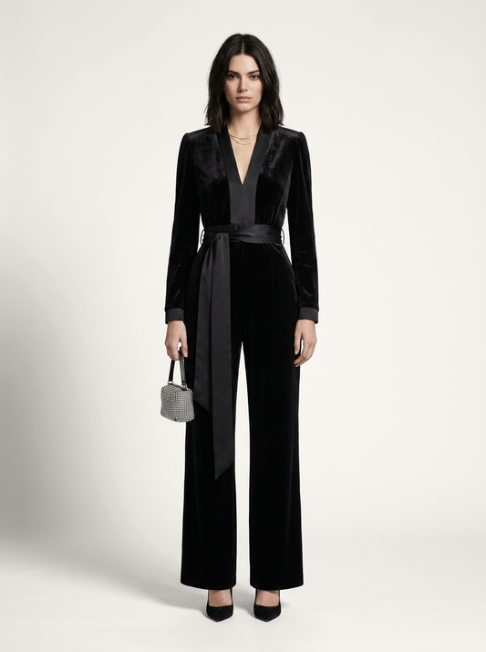 A model stands against a light gray studio background wearing a black velvet long-sleeve jumpsuit with a matching waist tie and wide legs, paired with black heels and a small gray handbag.