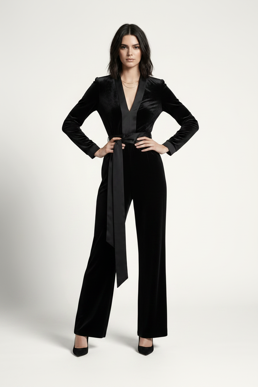 A model stands against a light gray studio background wearing a black velvet long-sleeve jumpsuit with a matching waist tie and wide legs, paired with black heels and a small gray handbag.