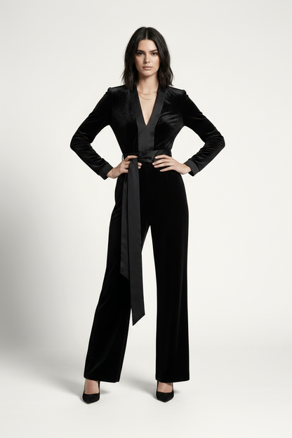 A model stands against a light gray studio background wearing a black velvet long-sleeve jumpsuit with a matching waist tie and wide legs, paired with black heels and a small gray handbag.