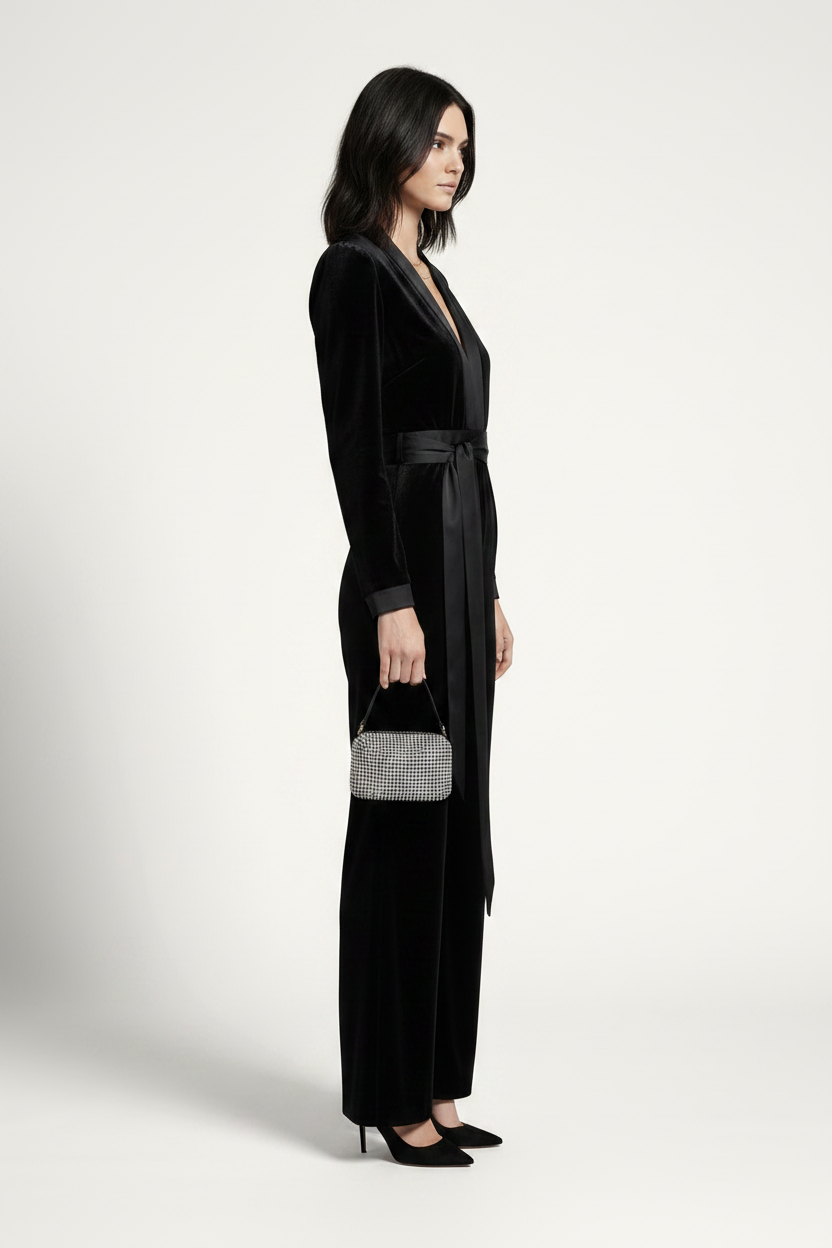 A model stands against a light gray studio background wearing a black velvet long-sleeve jumpsuit with a matching waist tie and wide legs, paired with black heels and a small gray handbag.