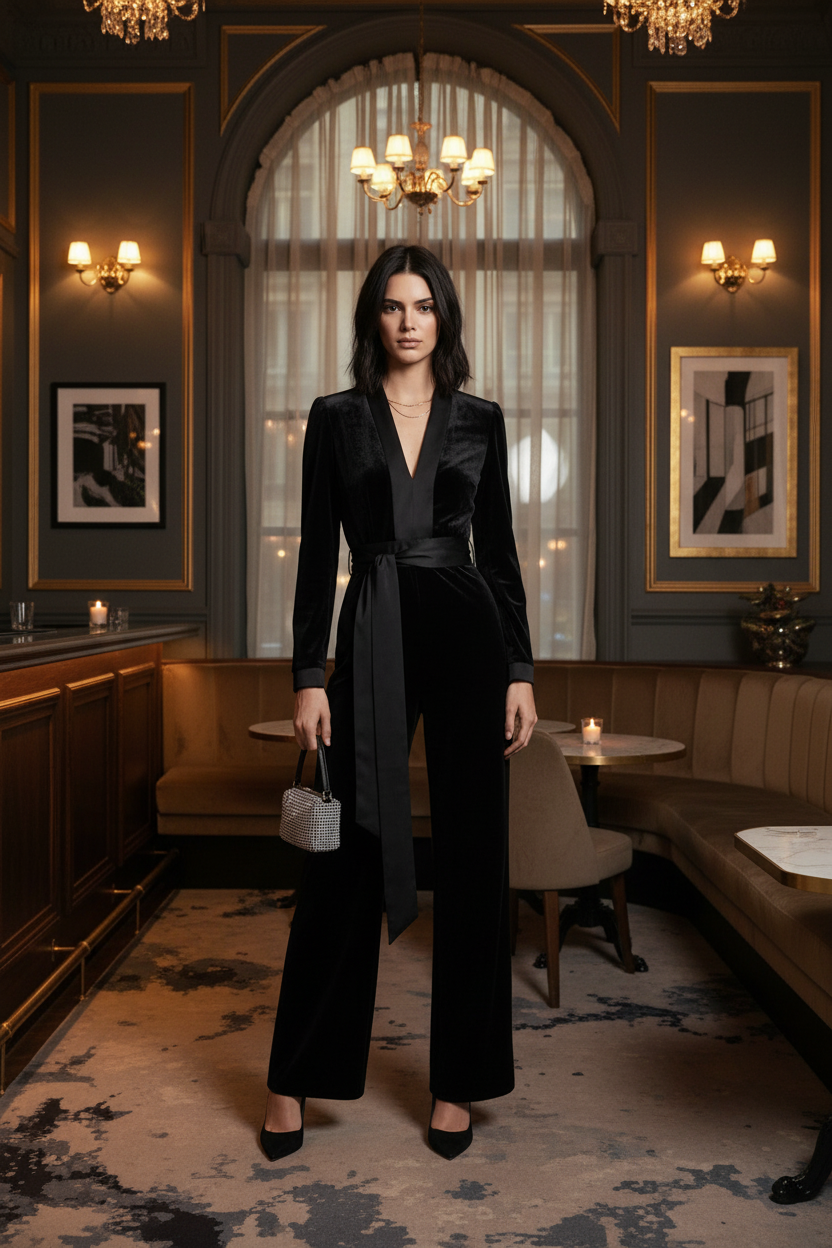 A model stands against a light gray studio background wearing a black velvet long-sleeve jumpsuit with a matching waist tie and wide legs, paired with black heels and a small gray handbag.