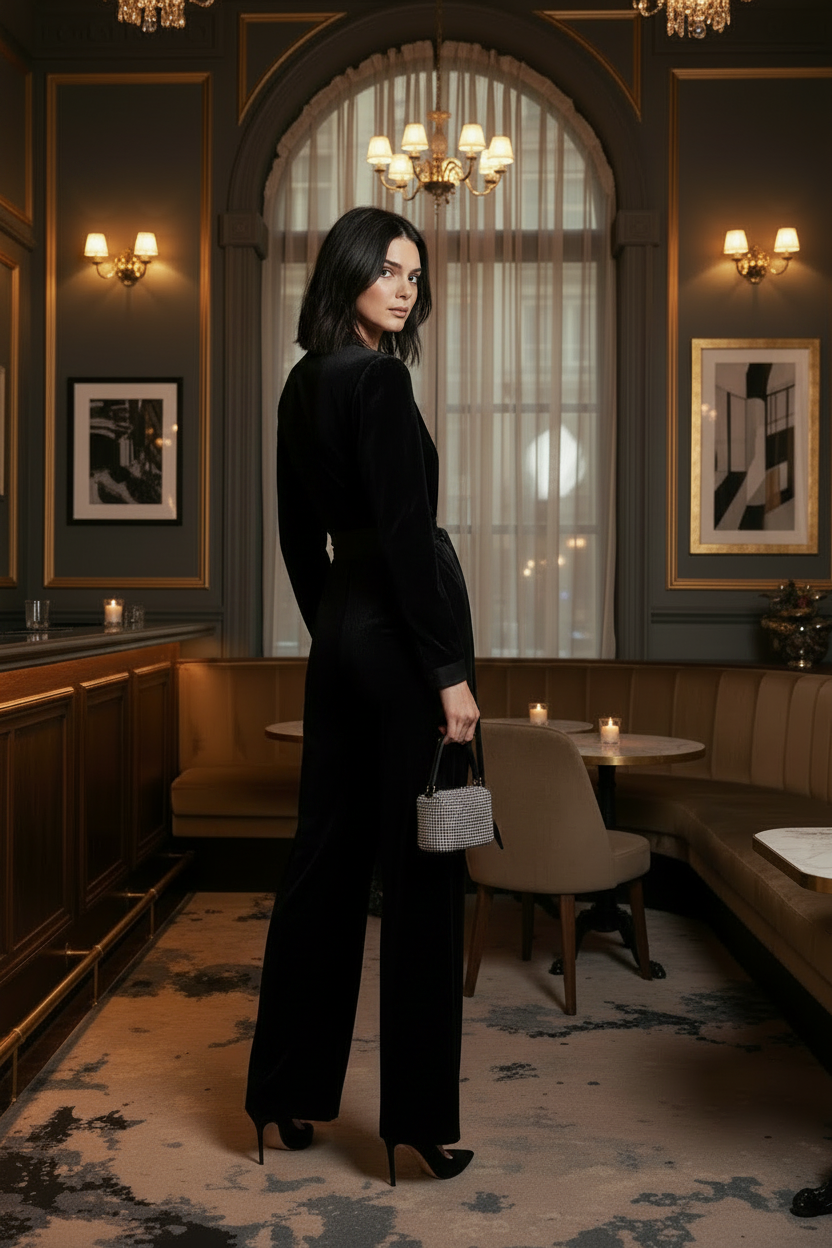A woman stands in a luxurious, dimly lit restaurant or lounge, wearing a black velvet long-sleeve jumpsuit with wide legs and holding a small silver handbag.