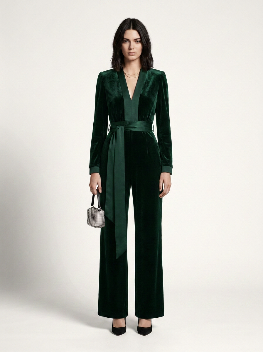 A model stands against a light gray studio background wearing a dark green velvet long-sleeve jumpsuit with a matching waist tie and wide legs, paired with black heels and a small gray handbag.