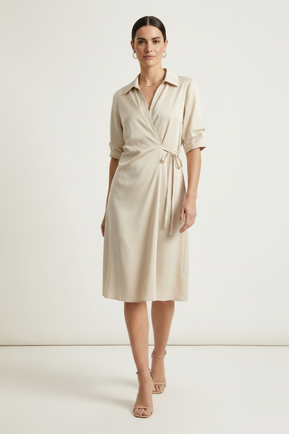 A woman modeling a light beige wrap-style midi dress with a collar, short sleeves rolled to the forearm, and a self-tie waist, photographed against a plain off-white studio background.