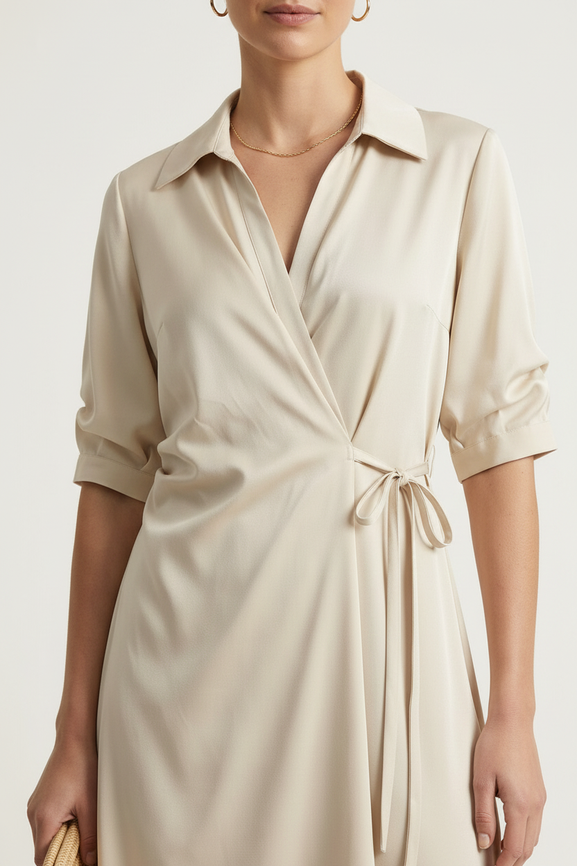 A woman models a light beige wrap-style shirt dress with rolled sleeves and a tie waist, standing against a plain off-white studio background. She is wearing nude high-heeled sandals and holding a small beige handbag.