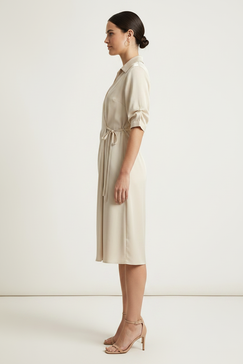 A woman models a light beige wrap-style shirt dress with rolled sleeves and a tie waist, standing against a plain off-white studio background. She is wearing nude high-heeled sandals and holding a small beige handbag.