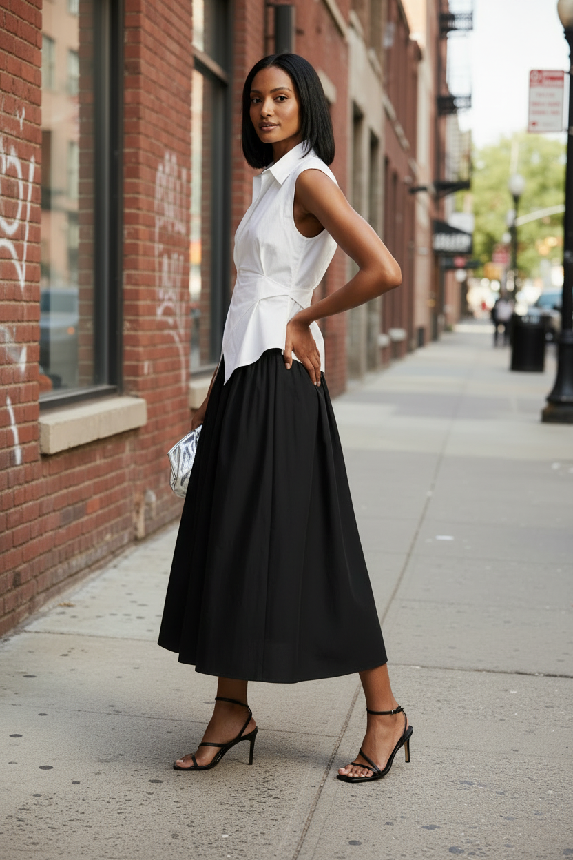 A woman stands on a city sidewalk wearing a sleeveless white wrap-style blouse with a twisted front detail and a black midi skirt, paired with black strappy heels.