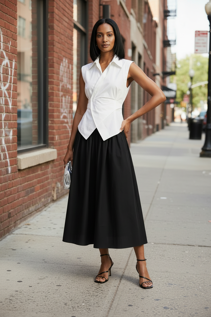 A woman stands on a city sidewalk wearing a sleeveless white wrap-style blouse with a twisted front detail and a black midi skirt, paired with black strappy heels.