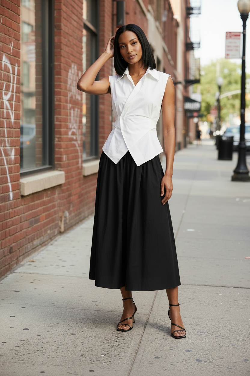 A woman stands on a city sidewalk wearing a sleeveless white wrap-style blouse with a twisted front detail and a black midi skirt, paired with black strappy heels.