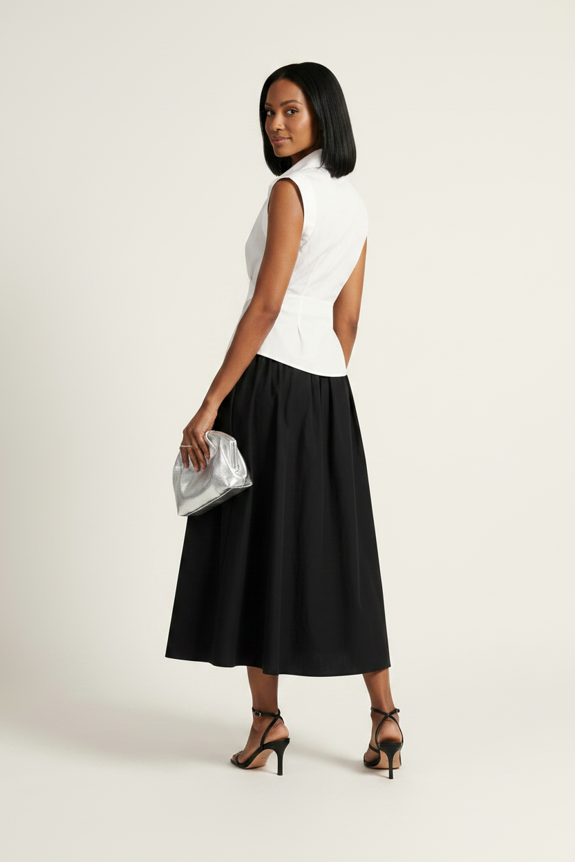 A model stands against a plain light beige studio background wearing a sleeveless white wrap-style shirt and a black midi skirt, holding a small metallic clutch.