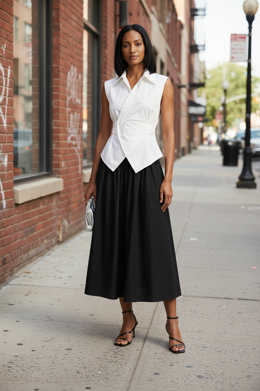 A model stands against a plain light beige studio background wearing a sleeveless white wrap-style shirt and a black midi skirt, holding a small metallic clutch.