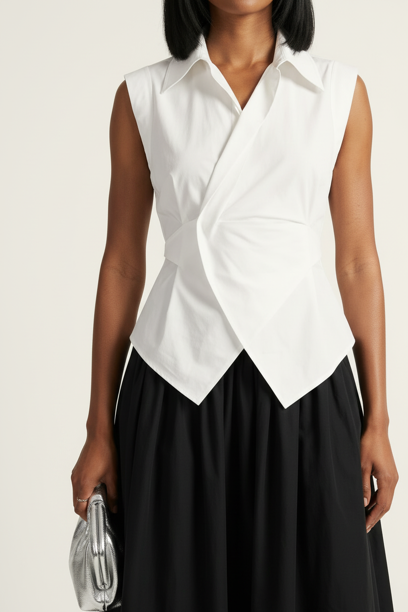 A model stands against a plain light beige studio background wearing a sleeveless white wrap-style shirt and a black midi skirt, holding a small metallic clutch.