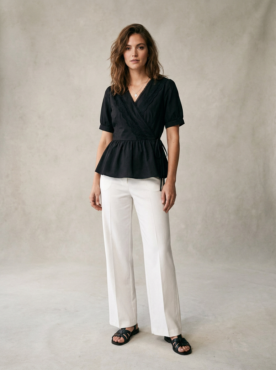 A woman stands against a textured light gray studio backdrop wearing a black short-sleeve wrap-style peplum top, white wide-leg pants, and black sandals.
