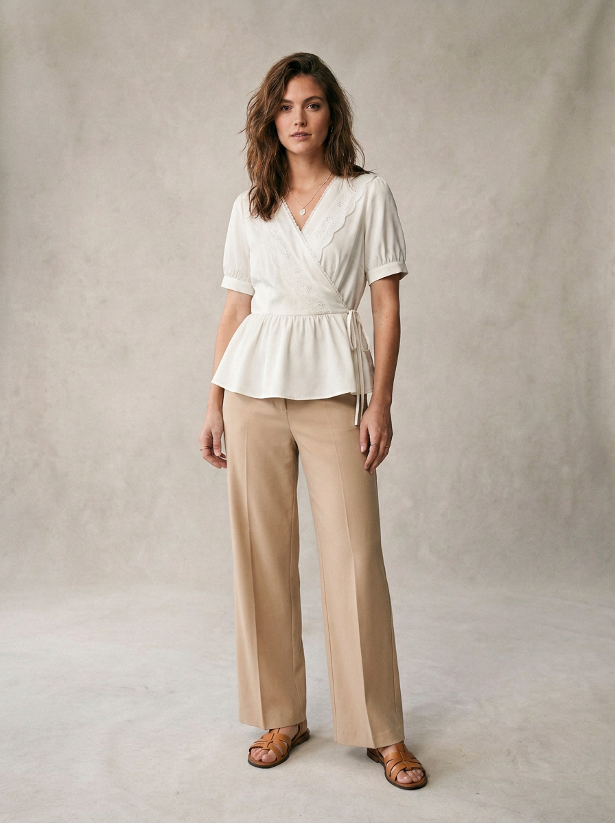 A woman modeling a cream short-sleeve wrap top with a peplum hem and beige wide-leg trousers, paired with brown leather sandals, against a textured neutral studio backdrop.