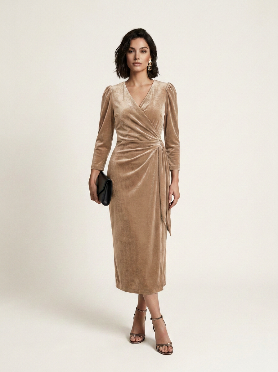 A woman models a long-sleeved beige velvet midi wrap dress with a draped waist and side tie, paired with brown strappy heels and holding a small black clutch, set against a plain light beige studio background.