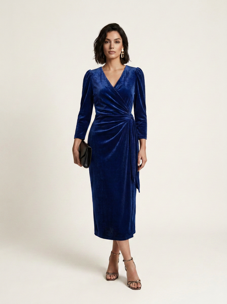 A woman modeling a royal blue velvet midi wrap dress with long sleeves, a V-neckline, and a draped waist tie, paired with brown strappy heels and holding a small black clutch against a light beige studio background.