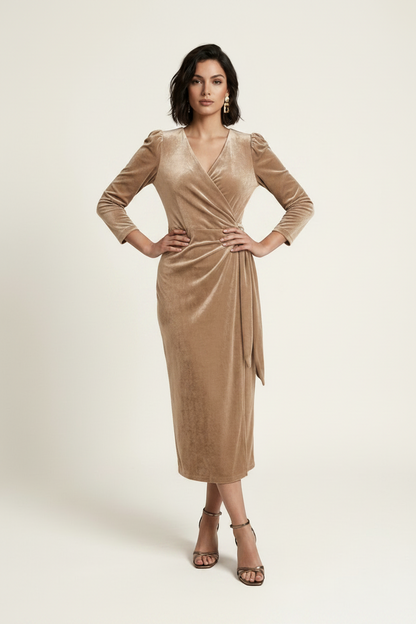 A woman models a long-sleeved beige velvet midi wrap dress with a draped waist and side tie, paired with brown strappy heels and holding a small black clutch, set against a plain light beige studio background.