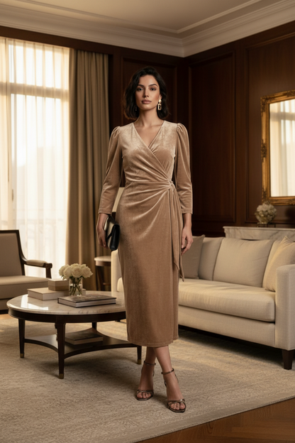 A woman models a long-sleeved beige velvet midi wrap dress with a draped waist and side tie, paired with brown strappy heels and holding a small black clutch, set against a plain light beige studio background.