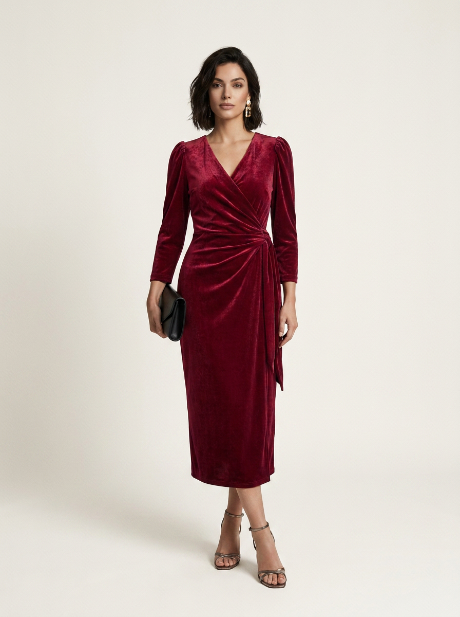A woman modeling a long-sleeved burgundy velvet midi dress with a wrap-style V-neck and side tie detail, paired with metallic heeled sandals and a small black clutch, against a plain light beige studio background.